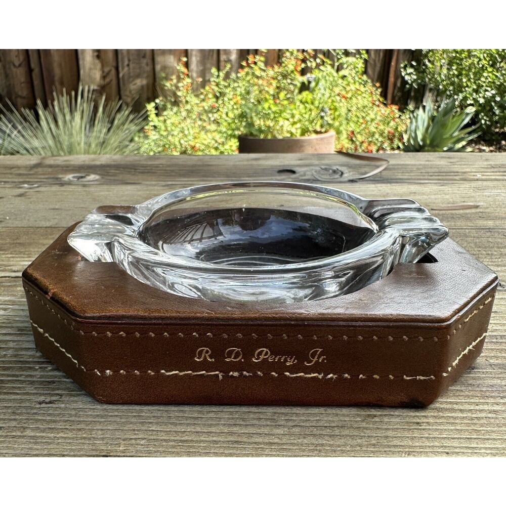 Vintage Ashtray MCM Glass exposed stitching Leather Monogrammed